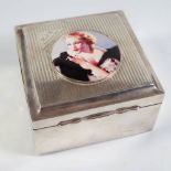 A George V Silver Cigarette Box decorated with enamel plaque of Greta Garbo, Birmingham 1929