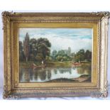 Church and River with Punt, 19th Century English School, oil on canvas, 40 x 29 cm, in gilt gesso