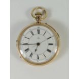 An 18ct Gold Open Dial Keyless Pocket Watch, the enamelled dial with Roman numerals and movemnet