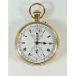 A Swiss 18ct Gold Chronograph Open Dial Pocket Watch with subsidiary seconds dial _ for measuring