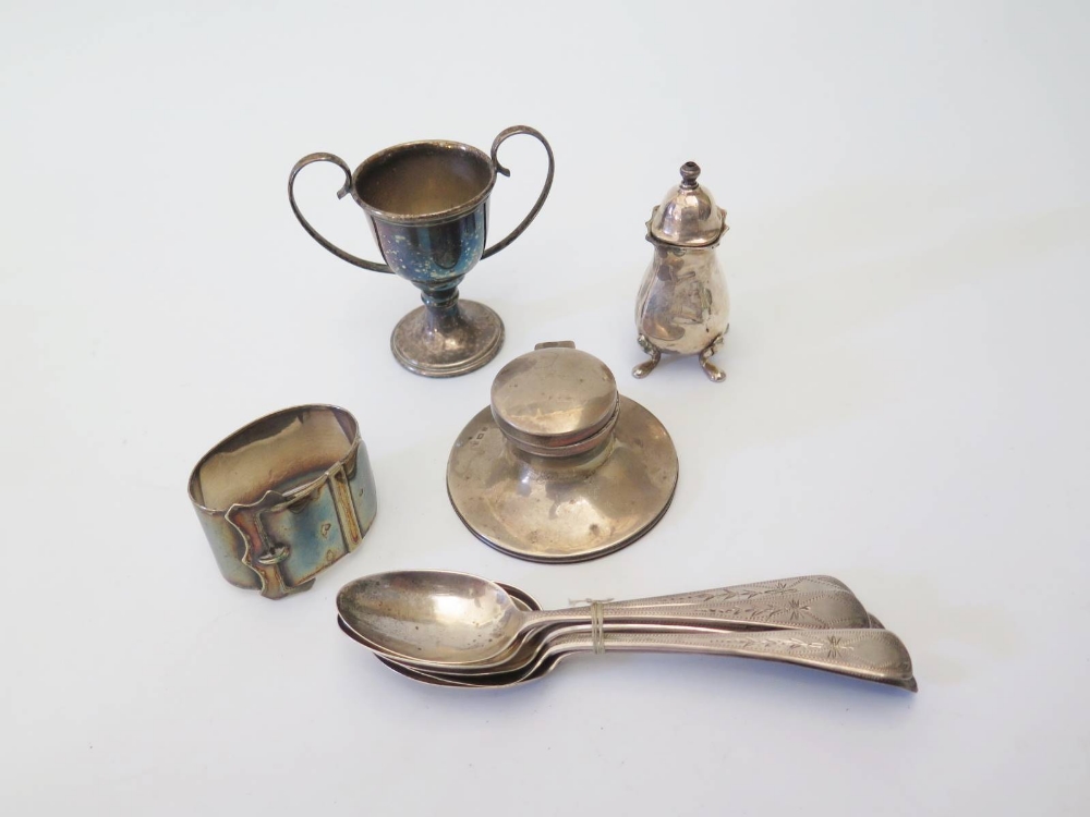 Silver Capstan Inkwell, silver salt, six bright cut silver teaspoons and plated cup and napkin ring