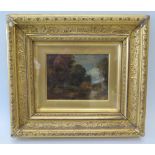 Cottage Scene, signed oil on board, 19th Century English School in glazed gilt gesso frame