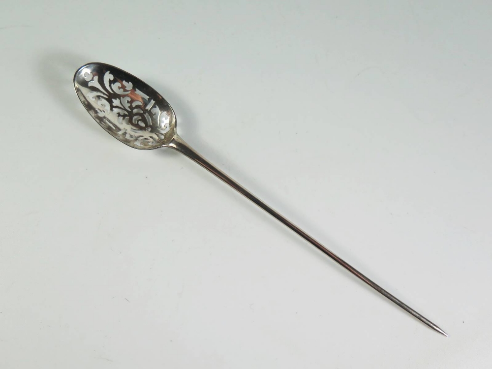 An Eighteenth Century Mote Spoon, indistinct marks, but initialled SP, 15.5cm