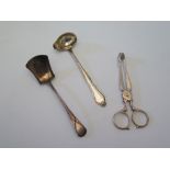 A Georgian Bright Cut Silver Shovel London 1825, sugar tongs and Danish ladle