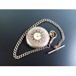 A Silver Cased Half Hunter Keyless Pocket watch with Albert and T-bar, running