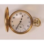 An 18ct Gold Half Hunter Keyless Pocket Watch, the enameled dial with subsidiary seconds hand, Swiss