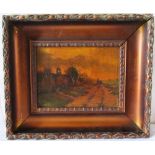 Tencate?, Cart Travelling Past Ruined Tower, Dutch oil on panel, 19 x 14 cm, in gilt gesso frame