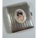 A George V Silver Cigarette Case decorated with enamel plaque with portrait of lady, Birmingham