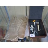 MOTHER OF PEARL HANDLED BUTTON HOOKS AND TWO PAIR OF KID SKIN GLOVES ETC