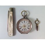 LADY'S SILVER FOB WATCH AND SILVER AND MOTHER OF PEARL FRUIT KNIFE