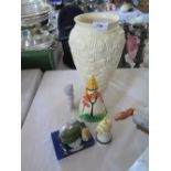 REPRODUCTION CLARICE CLIFF CONICAL SUGAR SIFTER, CREAM VASE, HALF DOLL, TWO HINGED BOXES ETC