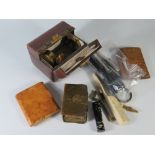 SMALL LEATHER VANITY CASE, BURR WOOD SNUFF BOX, PENS, SILVER MOUNTED PATIENCE CARD CASE, ETC