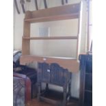 WAXED PINE OPEN BOOKSHELVES AND TAPESTRY FIRE SCREEN
