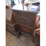 EDWARDIAN MAHOGANY AND STRUNG MUSIC CABINET, OCCASIONAL TABLE AND STANDARD LAMP