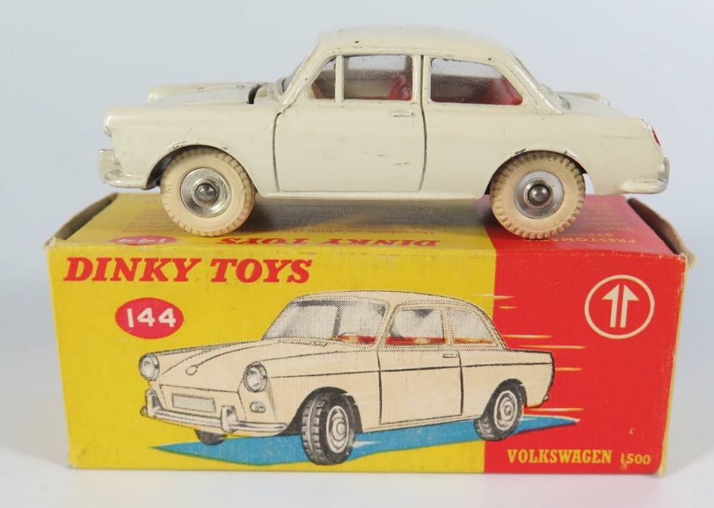 Dinky 144 Volkswagen 1500 in white with red interior, spare hub, boxed