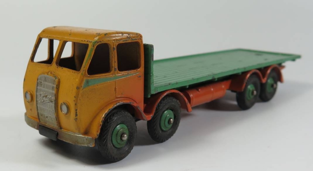 Dinky 502 Foden Flat Truck 1st type in burnt orange with green flash and back, orange chassis,