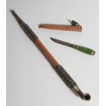 A Chinese Opium Pipe, miniature sword and miniature Finnish knife