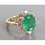 An 18ct Yellow Gold Emerald and Diamond Ring, emerald c. 1.8ct, size M, 5.6g