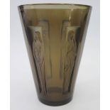 R. Lalique _ A Topaz Six Figurine Vase, 19cm, engraved to the base and moulded mark to the side