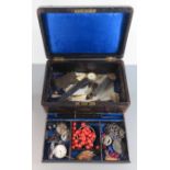 A Victorian Leather Bound Jewellery Box containing large loose coral beads, 43g, silver filigree,