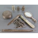 A Collection of Small Silver including Victorian mother of pearl fruit knife, Yard-O-Led, Albert,