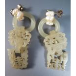 A Pair of Carved Jade and Freshwater Pearl Pendant Earrings, c. 46mm drop