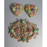 A Chinese Silver Filigree Jadeite and Amethyst Brooch with matching earrings