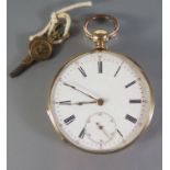 A Gold Cased Open Dial Pocket Watch with enamelled dial and subsidiary seconds dial, needs