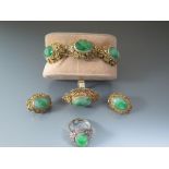 A Jadeite and Silver gilt filigree demi-parure and one other ring