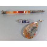 A Victorian Banded Agate Dipping Pen, Blue john silver mounted brooch and moss agate pendant