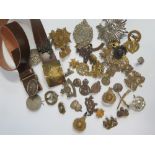 SELECTION OF CAP AND HAT BADGES ETC AND RUSSIAN BELT