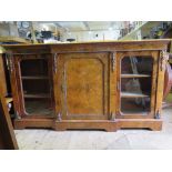 A GOOD VICTORIAN BREAK FRONT BURR WALNUT AND MARQUETRY AND PARQUETRY INLAID SATINWOOD STRUNG AND