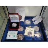 SEVEN VARIOUS SILVER MINT COINS AND £5 CROWN