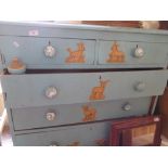 VICTORIAN PAINTED PINE CHEST OF DRAWERS ON TURNED LEGS