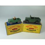 Matchbox MB 12 12a Landrover, boxed _ Near mint, box crased and pen AND 12b rounded axles, boxed _