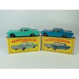 Two Matchbox MB 31 31c Lincoln Continentals, metallic light blue BPW and sea green BPW with two line