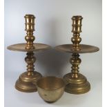 A Pair of Large Brass Candlesticks, 40 cm (screw fittings loose) and bowl