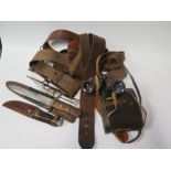 A Pair of WWII Taylor-Hobson 1943 Binoculars, three knives and Sam Brown belts etc