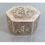 An Indian White Metal Hinged Box decorated with Hindu deities, 6.5cm diam., 64g