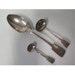 A Victorian Silver Serving Spoon, Exeter 1859, Josiah Williams & Co, 67g and two ladles by John