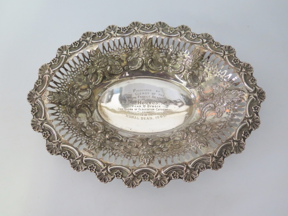 A Victorian Silver Oval Basket with foliate scroll and pierced decoration, Birmingham 1900, C.H,