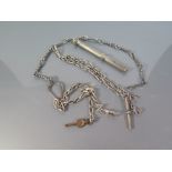White Metal Pencil with banded agate top and two silver watch chains and one other