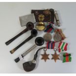 WWII Medal Trio, pipes, whistle etc