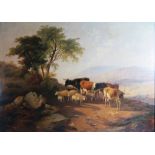 Landscape with Cattle and Sheep, nineteenth century English school, unsigned oil on canvas, 82 x