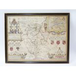 An Early John Speed Map of Bedford shire 1612-1646, hand tinted, 51 x 39 cm, framed and glazed