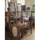 Oak Barley Twist Gate Leg Table and six (4+2) carved chairs with caned backs