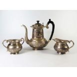 An Indian Three Part Tea Set decorated with elephants, base marked ST. SILVFRB?, 1424 g