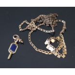 9K Gold Necklace, enamelled pocket watch key etc (2.8g 9K)