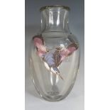 A Heavy Nineteenth Century Glass Vase decorated with enamelled bird, 25 cm