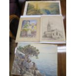 Marochira Mira? signed watercolour Mediterranean coastal scene, nineteenth watercolour Alps scene,